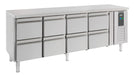 Stainless steel refrigerated counter with eight pull-out drawers