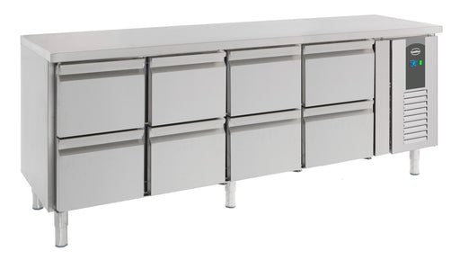 Stainless steel refrigerated counter with eight pull-out drawers