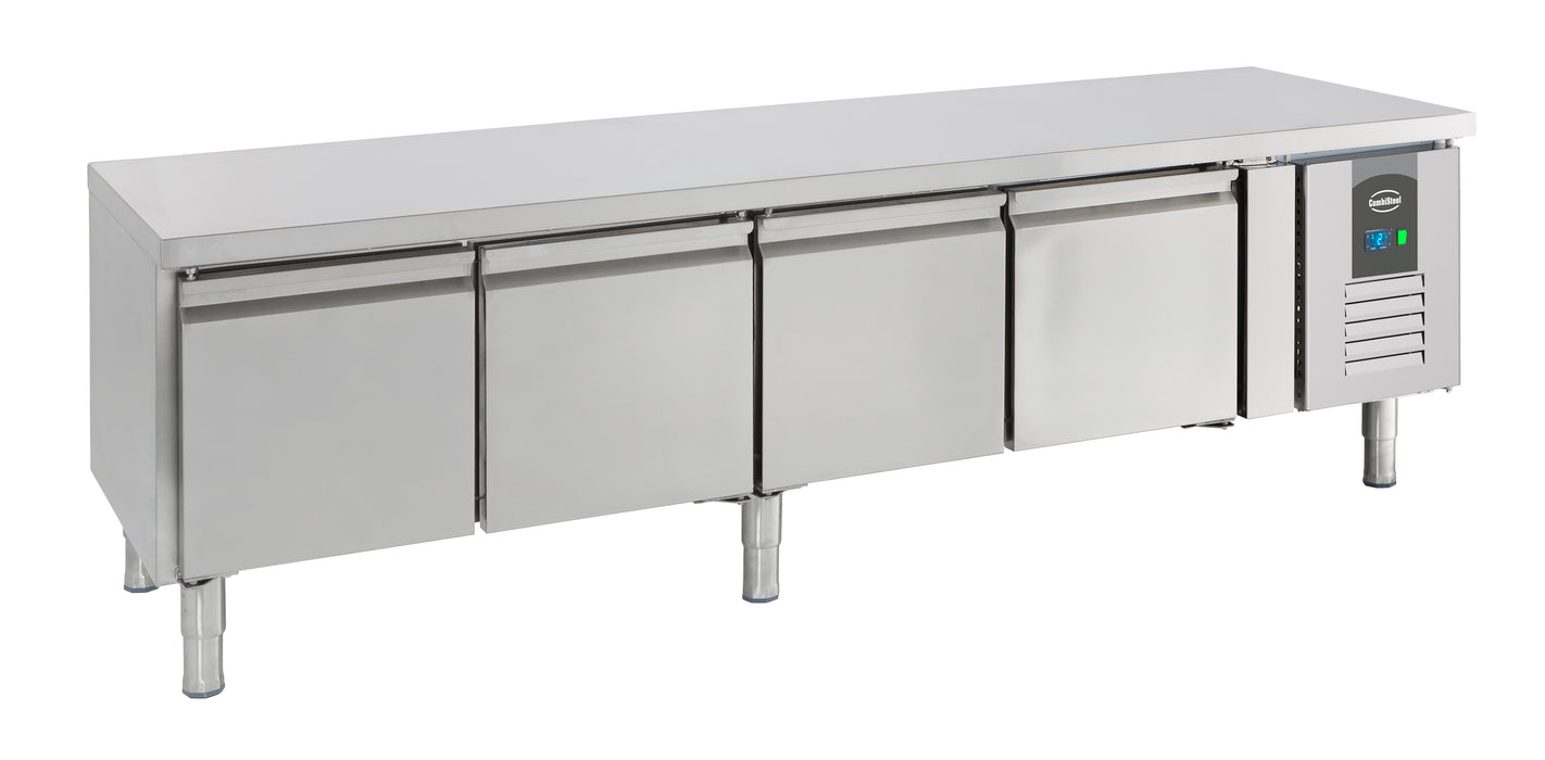 Stainless steel four door refrigerated counter, 650mm height, front view.