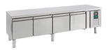 Stainless steel four door refrigerated counter, 650mm height, front view.