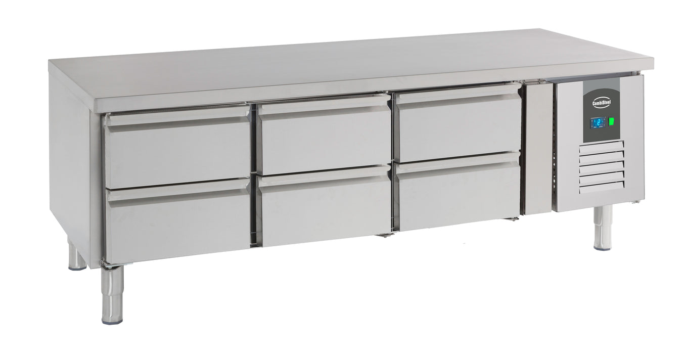 Stainless steel 6 drawer refrigerated counter, 1600mm wide, 650mm height