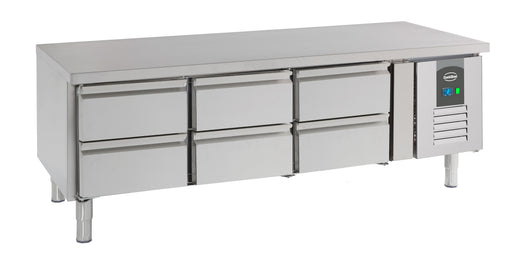 Stainless steel 6 drawer refrigerated counter, 1600mm wide, 650mm height