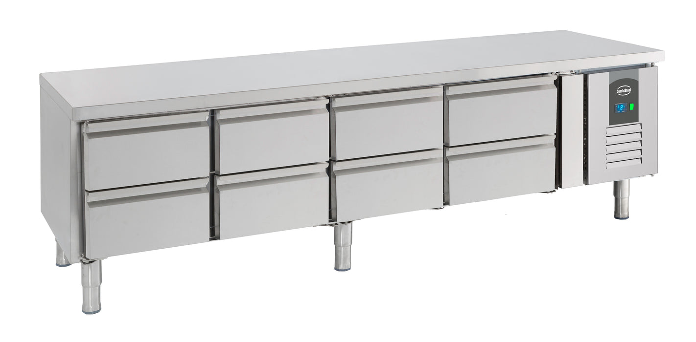 Stainless steel 8 drawer refrigerated counter, 2000mm wide x 700mm deep x 650mm high