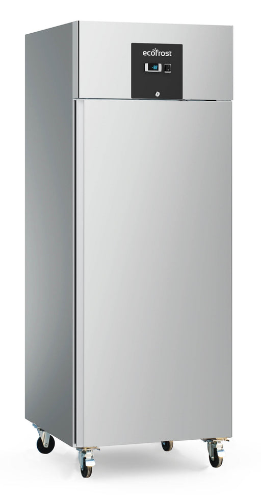 Stainless steel upright refrigerator with single right-hinged door and digital display panel