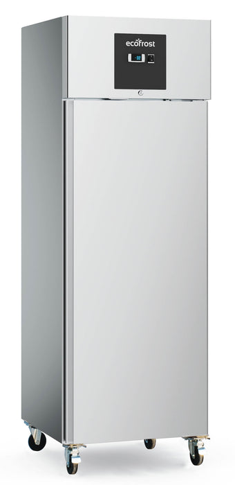 Stainless steel upright freezer cabinet, 680mm wide, 2010mm tall.