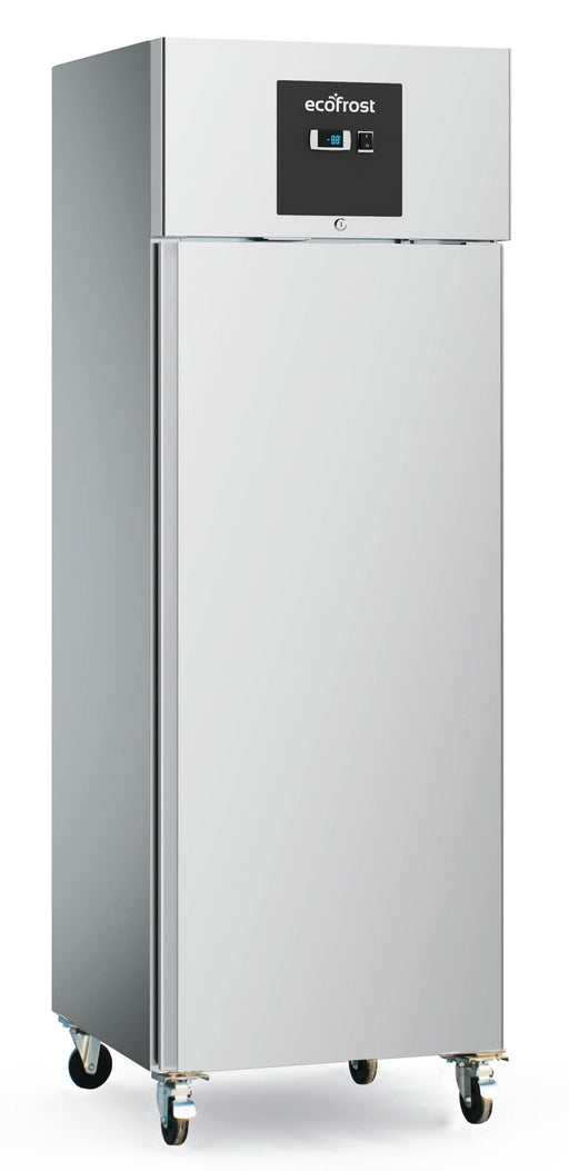 Stainless steel upright freezer cabinet, 680mm wide, 2010mm tall.