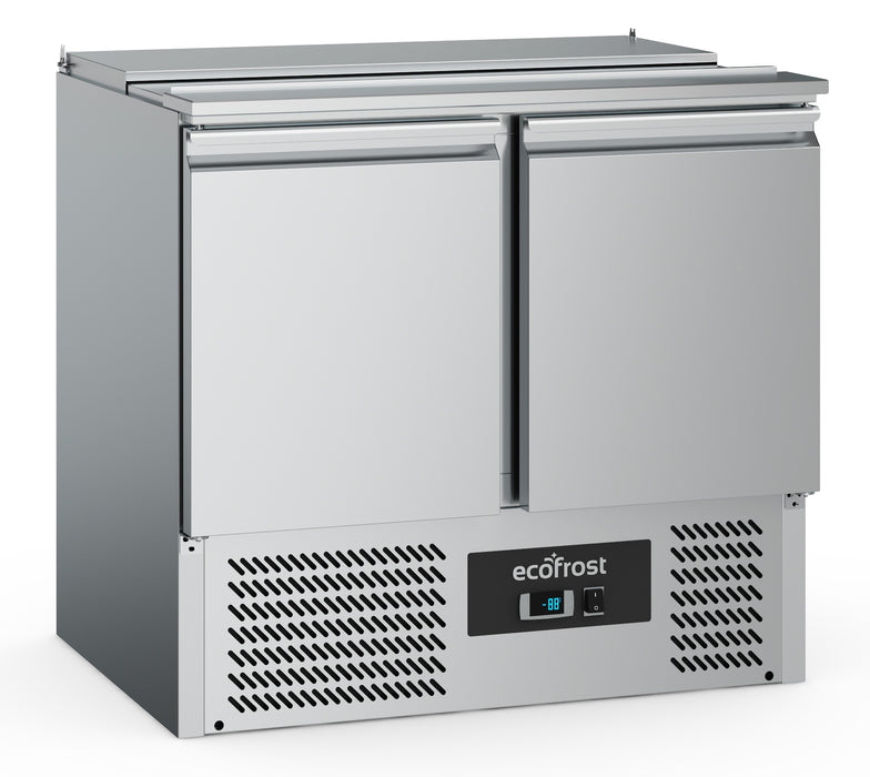 Stainless steel two door refrigerated saladette prep counter with GN containers