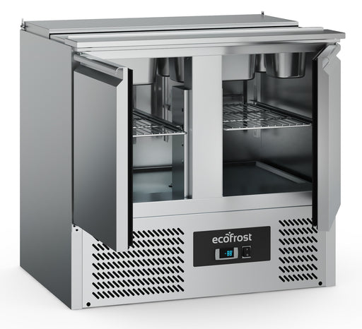 Stainless steel two door refrigerated saladette prep counter with GN containers view 2