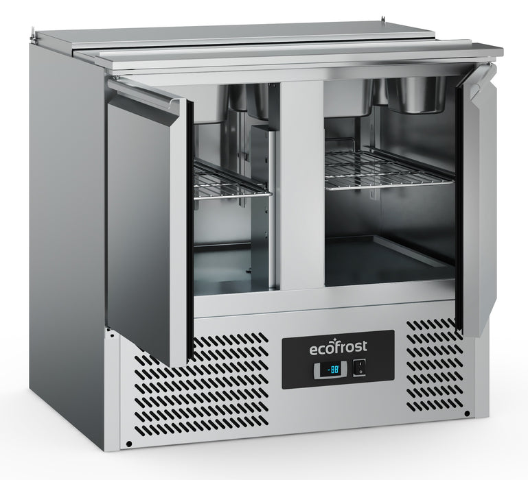 Stainless steel two door refrigerated saladette prep counter with GN containers view 2