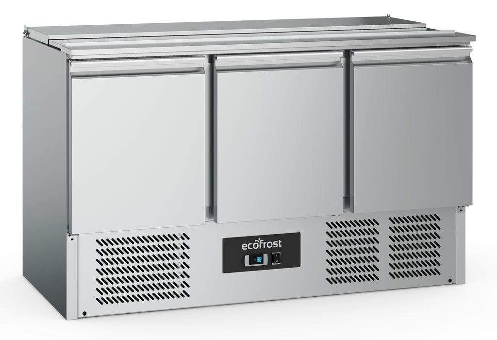 Stainless steel three-door saladette counter with open top GN pan compartments