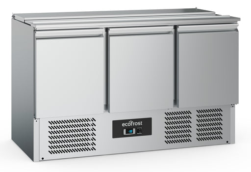 Stainless steel three-door saladette counter with open top GN pan compartments