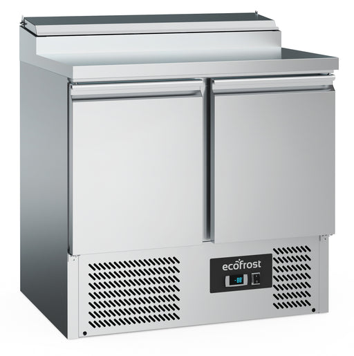 Stainless steel two door salad prep counter with clear lid and five gastronorm containers