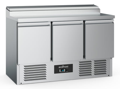 Stainless steel three door saladette prep counter fridge with GN pan containers