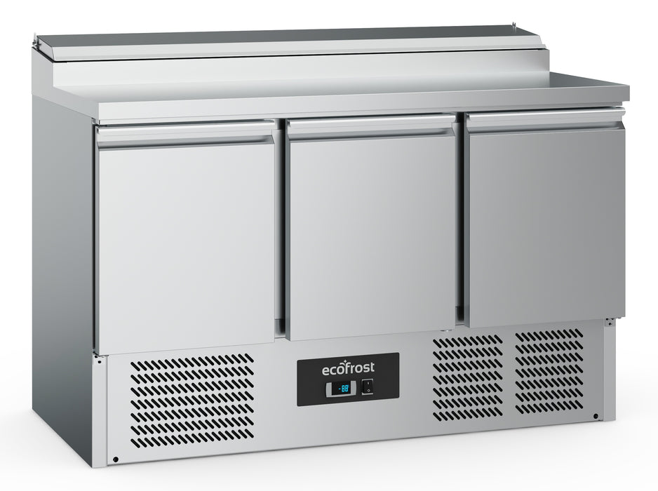 Stainless steel three door saladette prep counter fridge with GN pan containers