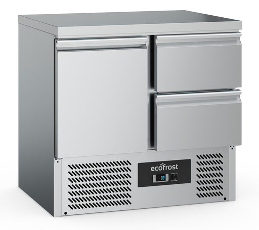 Stainless steel single door refrigerated counter with two storage drawers