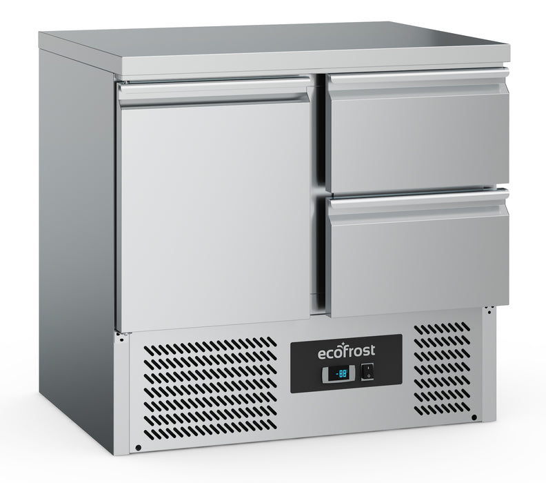 Stainless steel single door refrigerated counter with two storage drawers