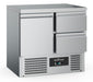 Stainless steel single door refrigerated counter with two storage drawers