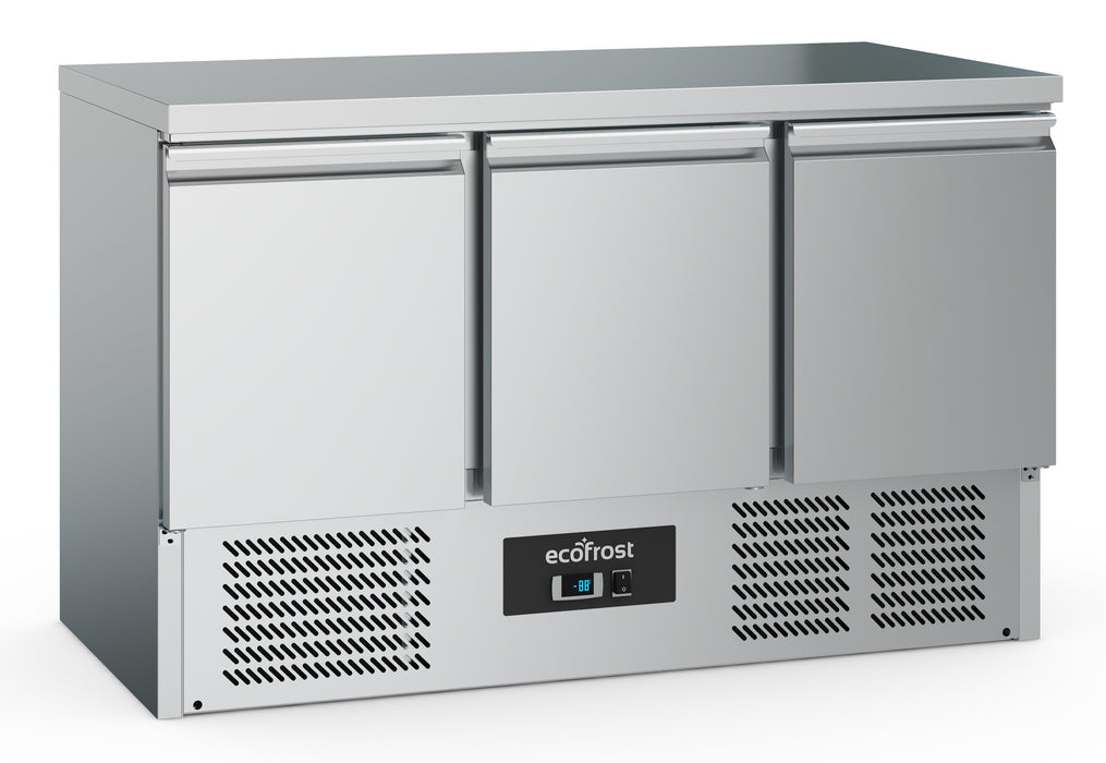 Stainless steel three door refrigerated counter with solid doors and control panel