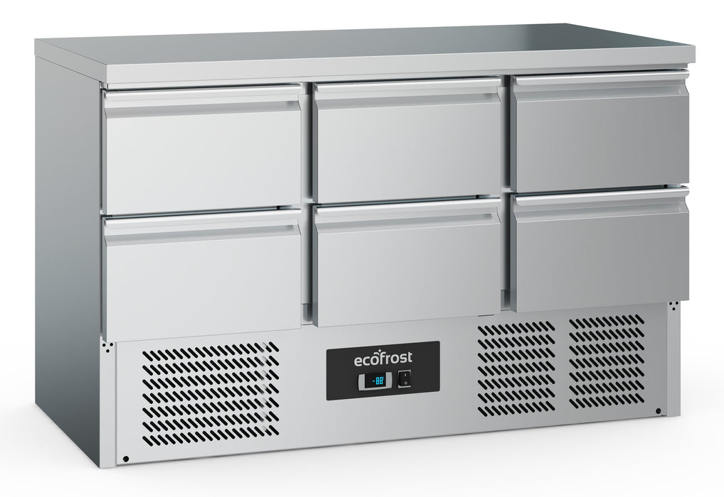 Stainless steel 6 drawer refrigerated counter with digital controls
