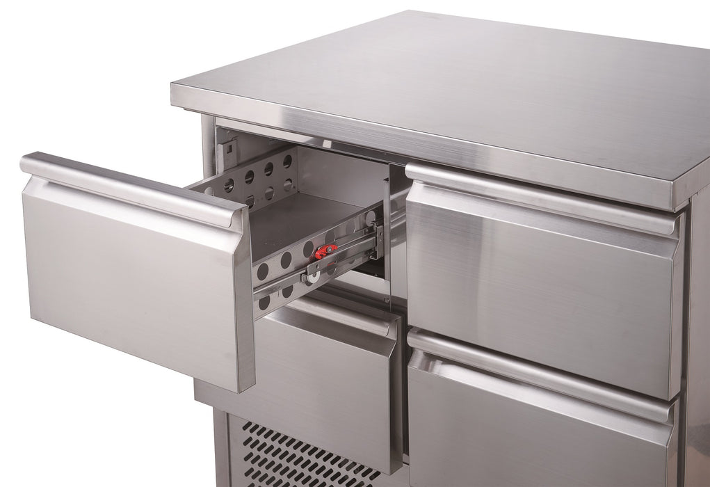 Stainless steel refrigerated drawer set for commercial kitchen counter installation