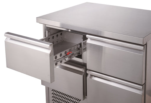 Stainless steel refrigerated drawer set for commercial kitchen counter installation