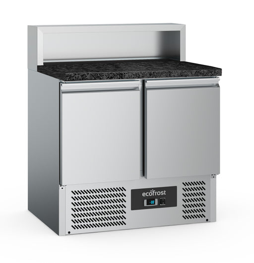 Stainless steel two door pizza prep counter fridge with black granite worktop