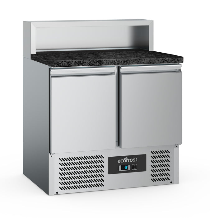 Stainless steel two door pizza prep counter fridge with black granite worktop