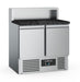 Stainless steel two door pizza prep counter fridge with black granite worktop