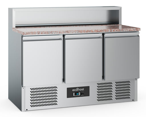 Three door stainless steel pizza prep counter with GN container capacity