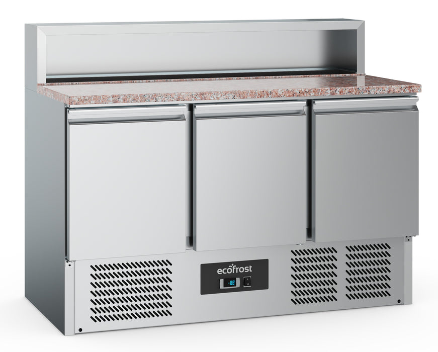 Three door stainless steel pizza prep counter with GN container capacity