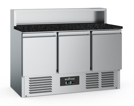 Stainless steel pizza prep counter with three doors and black granite worktop