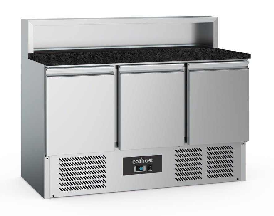 Stainless steel pizza prep counter with three doors and black granite worktop