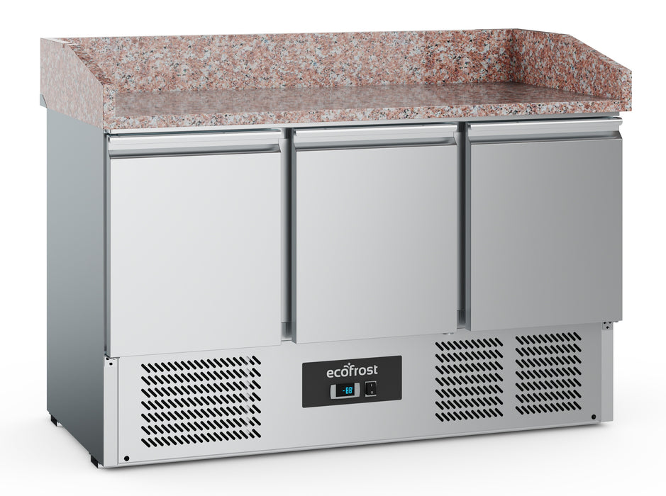 Stainless steel three door under counter pizza fridge with solid doors