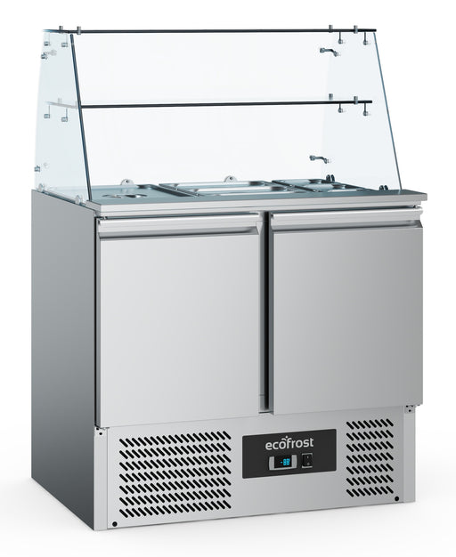Stainless steel two door refrigerated saladette counter with angled glass cover