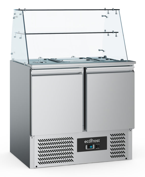 Stainless steel two door refrigerated saladette counter with angled glass cover