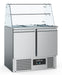 Stainless steel two door refrigerated saladette counter with angled glass cover