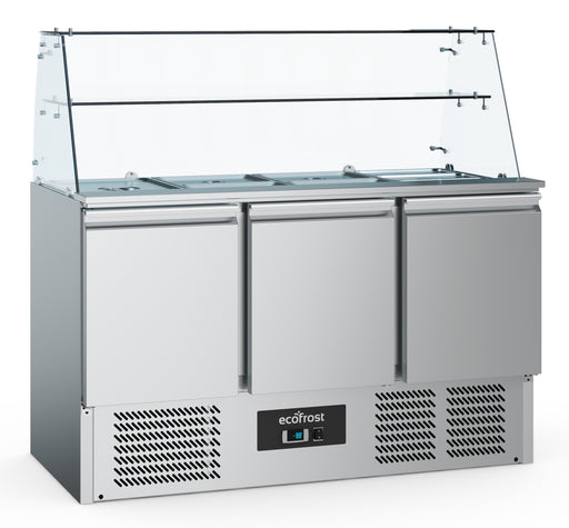 Stainless steel three door refrigerated saladette with glass doors and digital controls