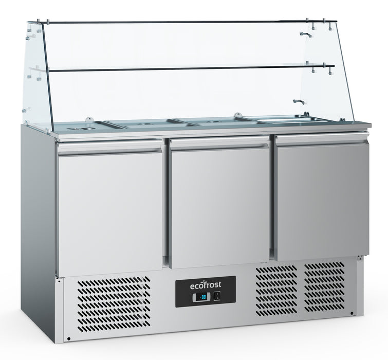 Stainless steel three door refrigerated saladette with glass doors and digital controls