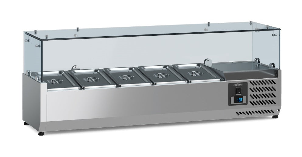 Stainless steel refrigerated countertop unit with storage for 1/4 GN containers