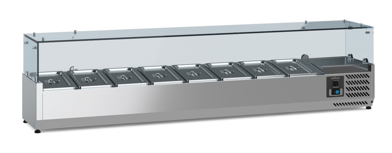 Stainless steel countertop refrigerator with four 1/4 GN trays visible through top access