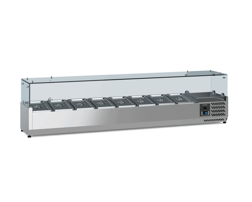 Stainless steel countertop refrigerator with four 1/4 GN trays visible through top access view 2