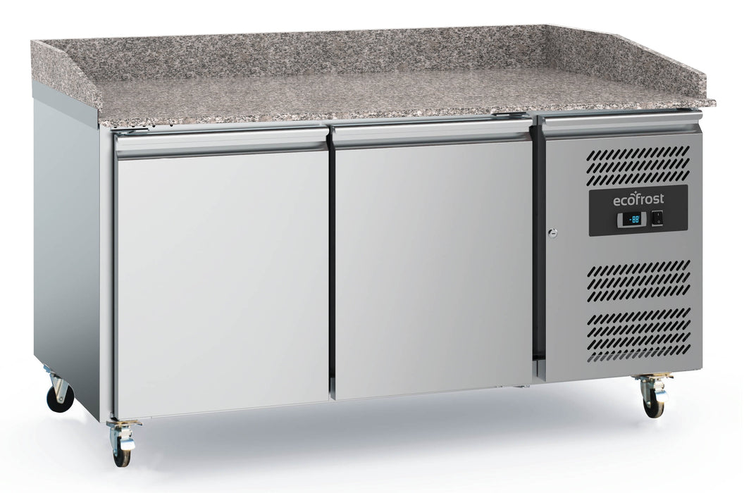 Stainless steel mobile pizza counter with granite top and two refrigerated doors