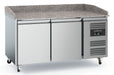 Stainless steel mobile pizza counter with granite top and two refrigerated doors