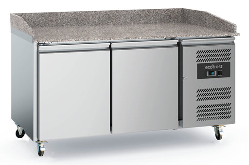 Stainless steel mobile pizza counter with granite top and two refrigerated doors