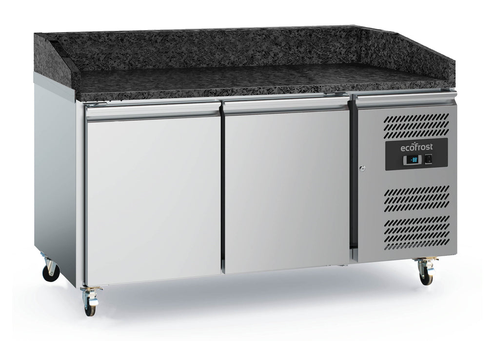 Stainless steel pizza prep counter with 2 doors, black granite worktop and wheels