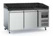 Stainless steel pizza prep counter with 2 doors, black granite worktop and wheels