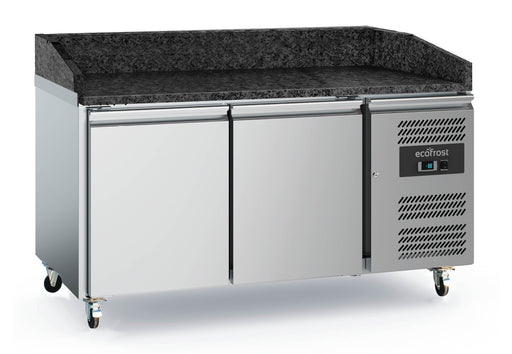 Stainless steel pizza prep counter with 2 doors, black granite worktop and wheels