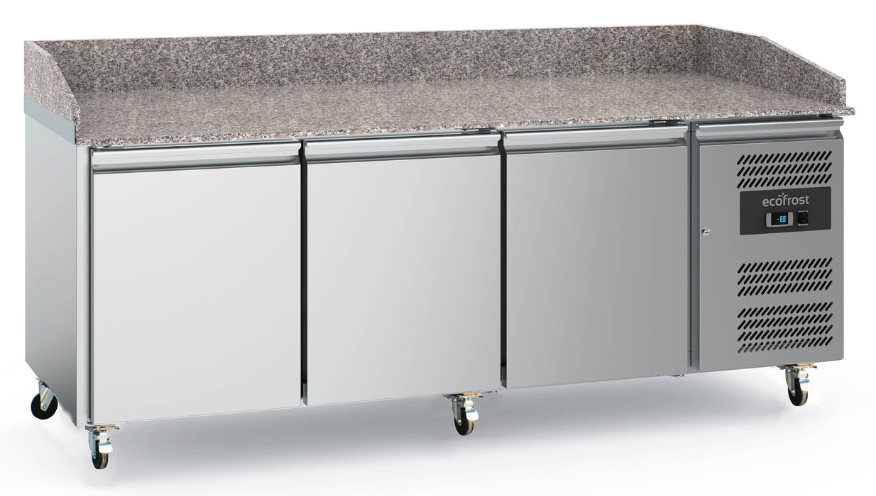 Stainless steel mobile pizza counter with 3 doors and natural granite work surface