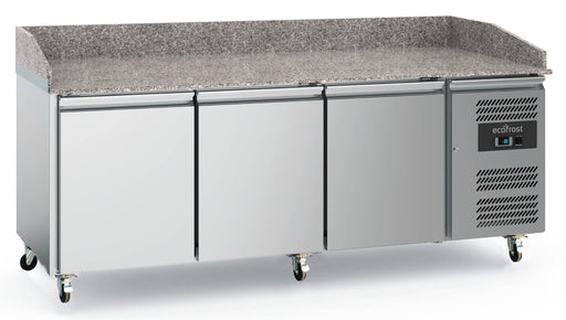 Stainless steel mobile pizza counter with 3 doors and natural granite work surface