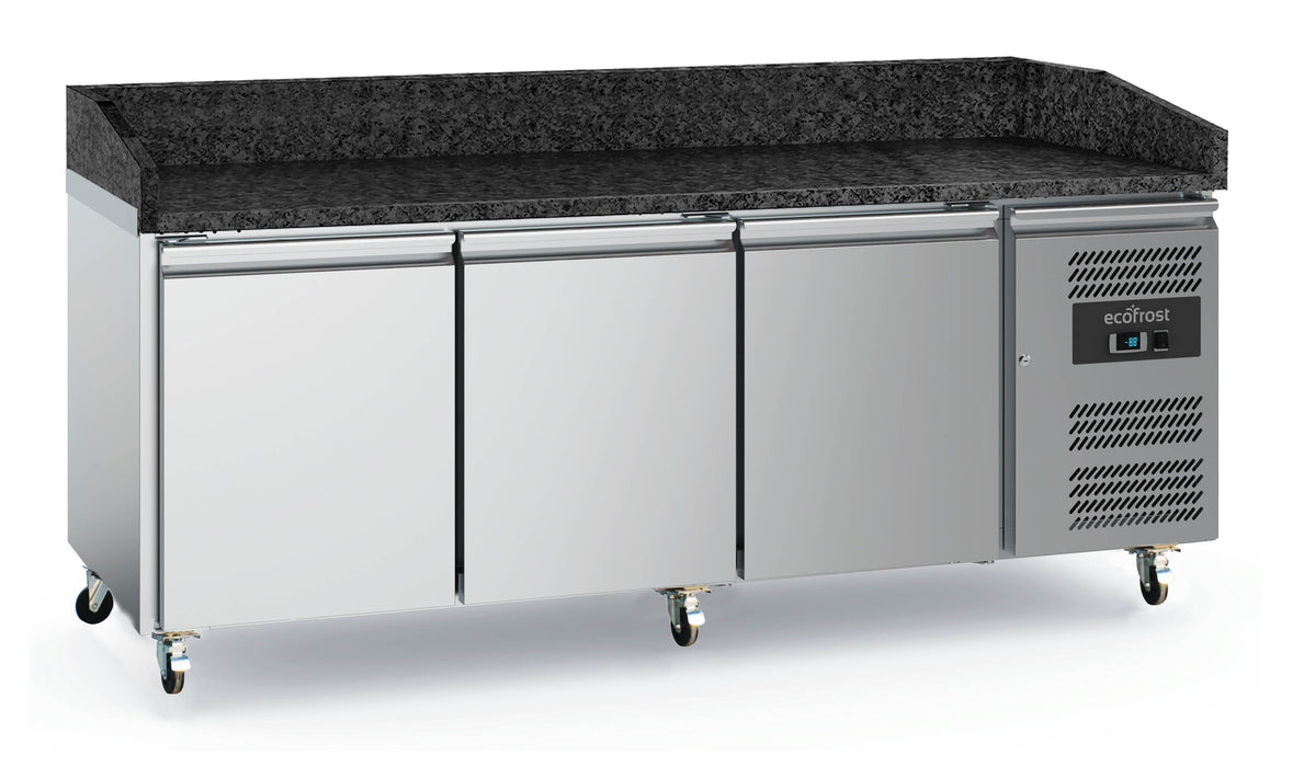 Stainless steel pizza prep counter with three doors, natural granite top and four wheels
